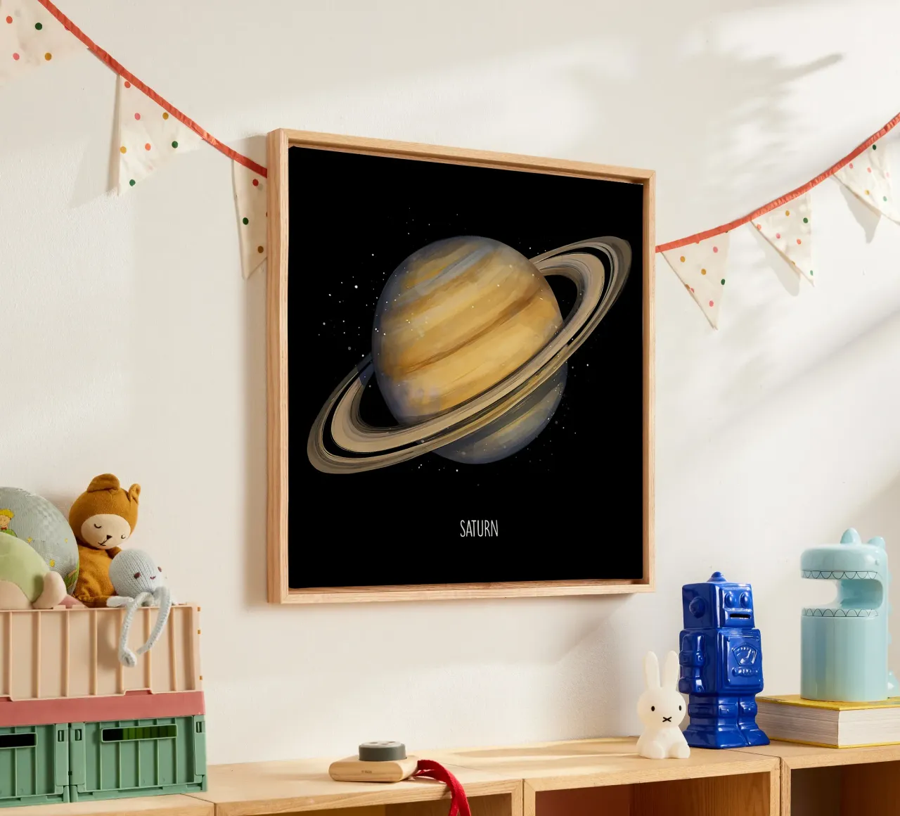 Artistic Saturn with Vibrant Rings canvas met Baklijst van BadrBrand