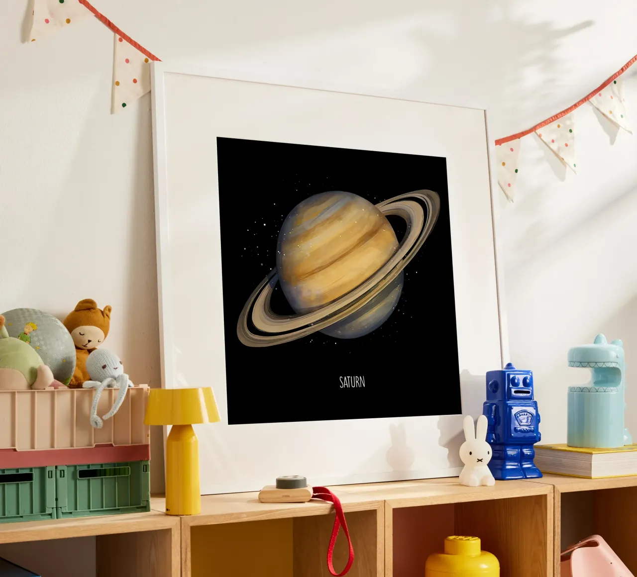 Artistic Saturn with Vibrant Rings poster con telaio in alluminio da BadrBrand