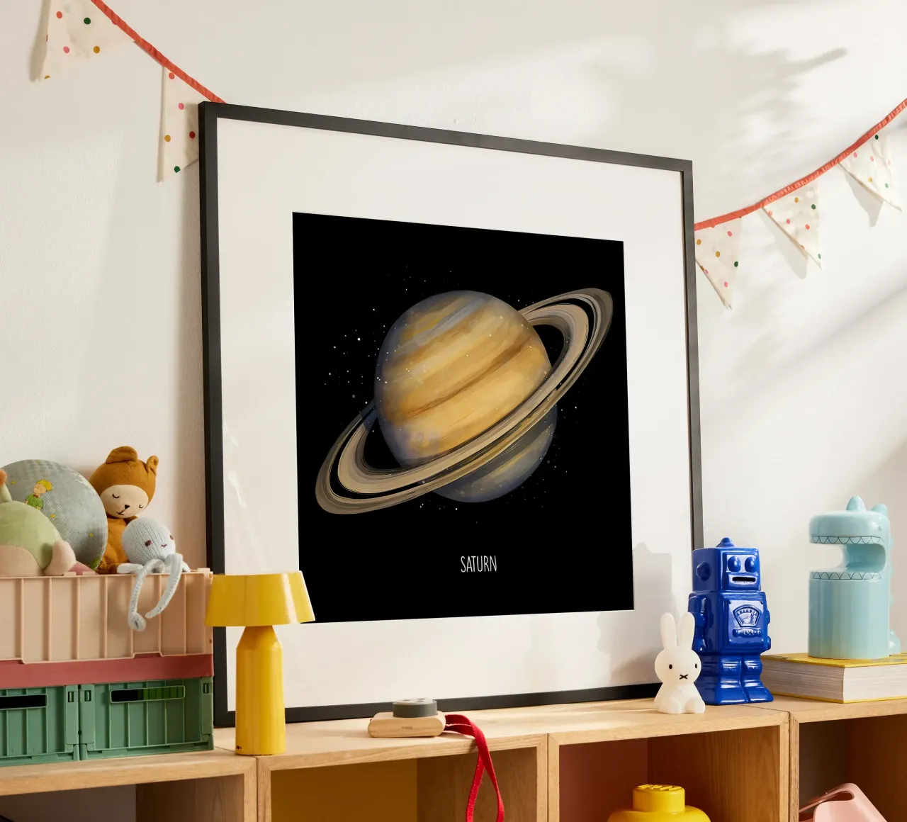 Artistic Saturn with Vibrant Rings poster con telaio in alluminio da BadrBrand