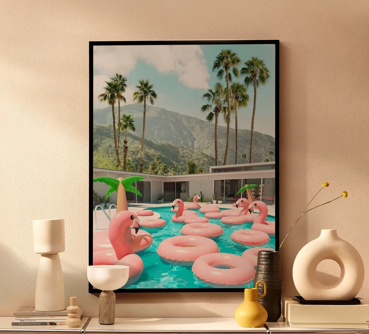 Flamingo Pool Party poster con telaio in legno da robertmotoiart