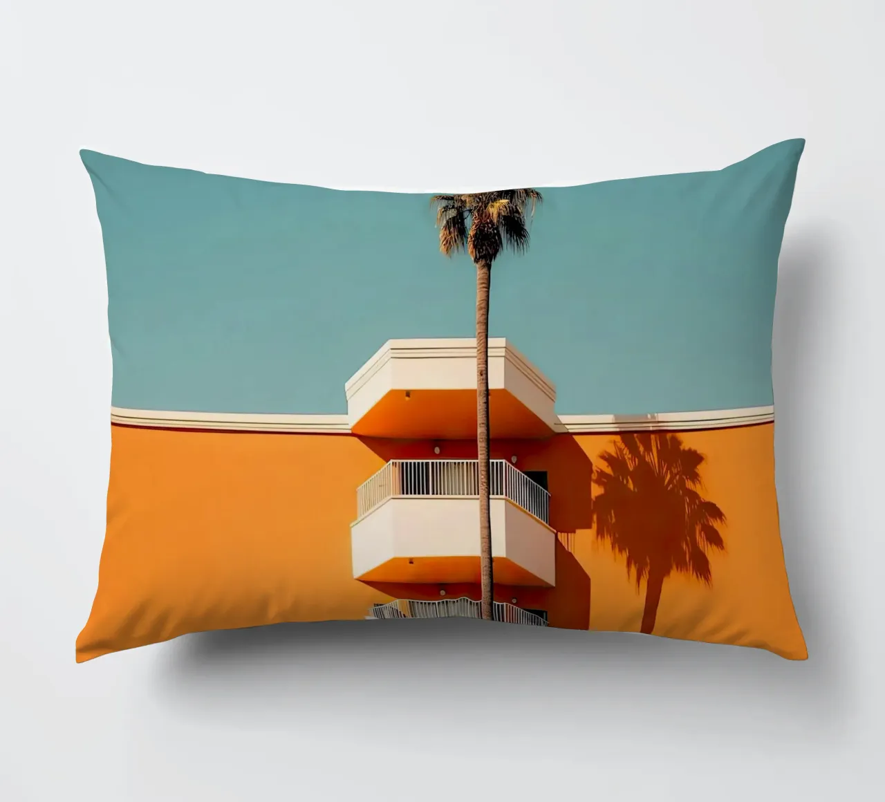 Hotel California Style Building With A Palm Summer cuscino da robertmotoiart