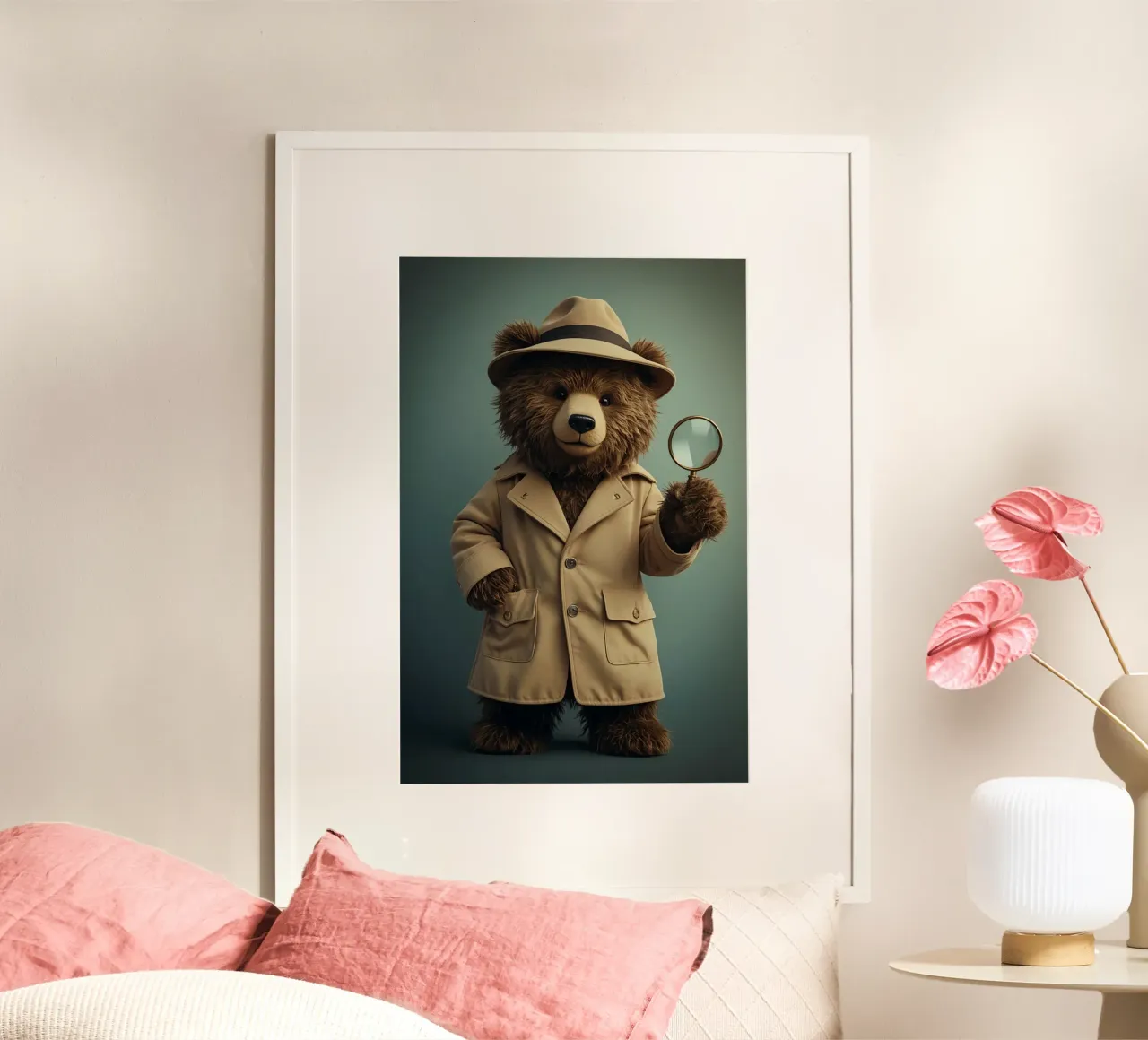 Orso detective con lente d'ingrandimento poster con telaio in alluminio da DesignDoodle