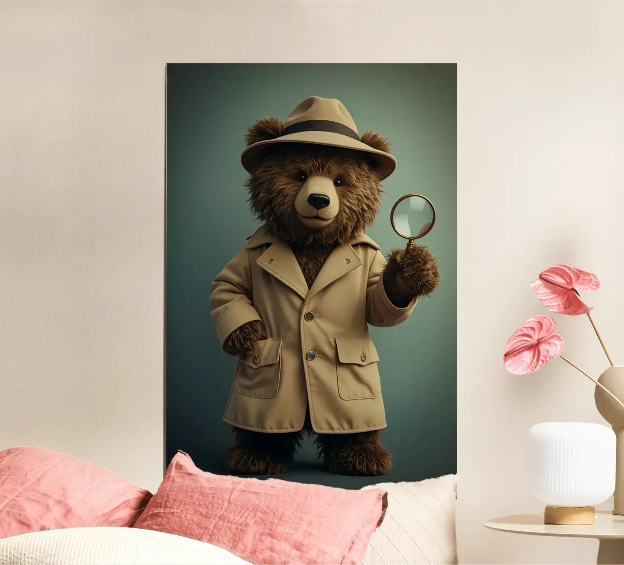 Orso detective con lente d'ingrandimento poster con telaio in alluminio da DesignDoodle