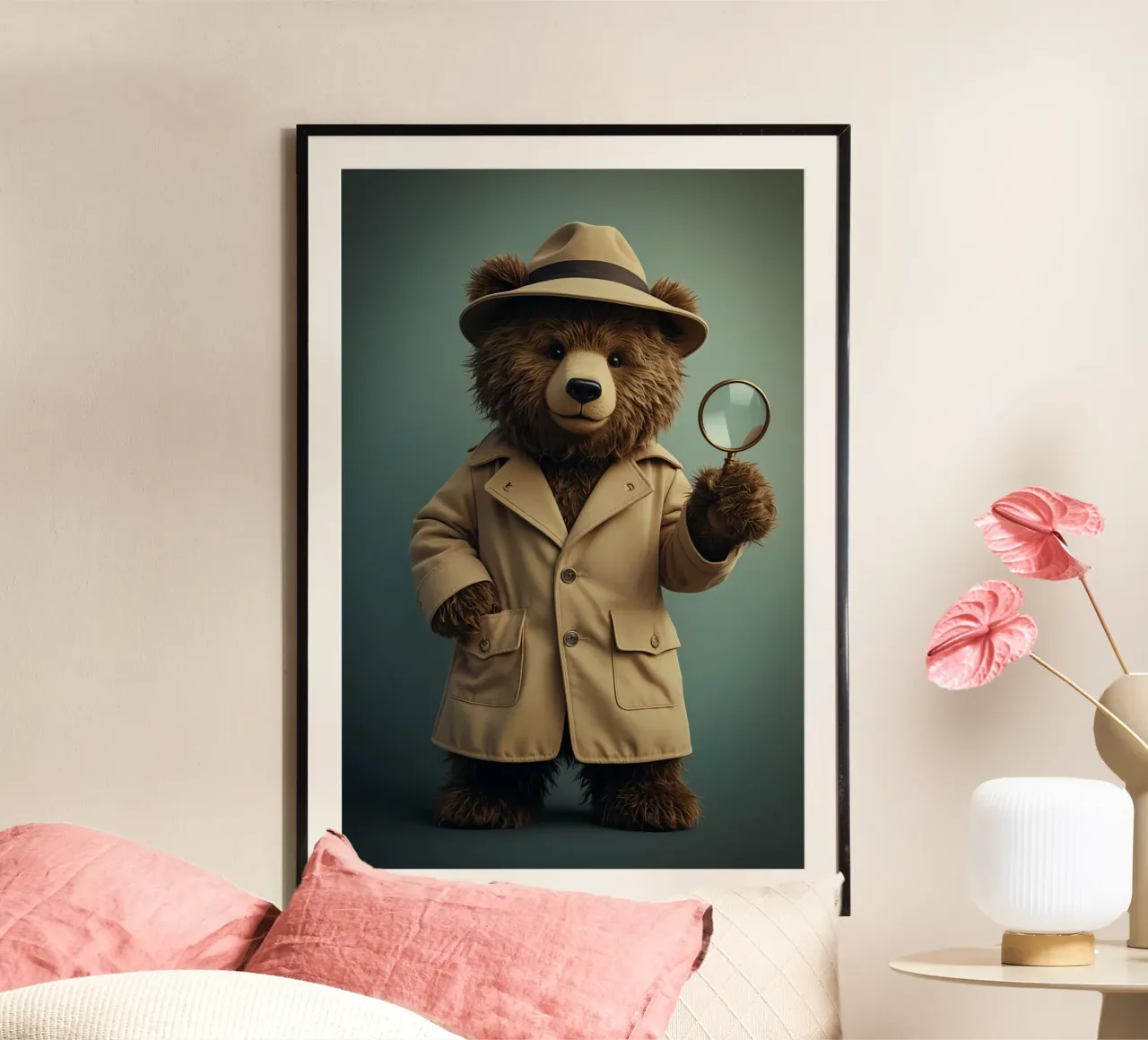 Orso detective con lente d'ingrandimento poster con telaio in alluminio da DesignDoodle