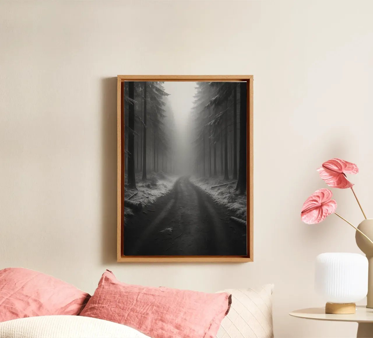 strada nella foresta fotografia in bianco e nero tela con Cornice a cassetta da roosses