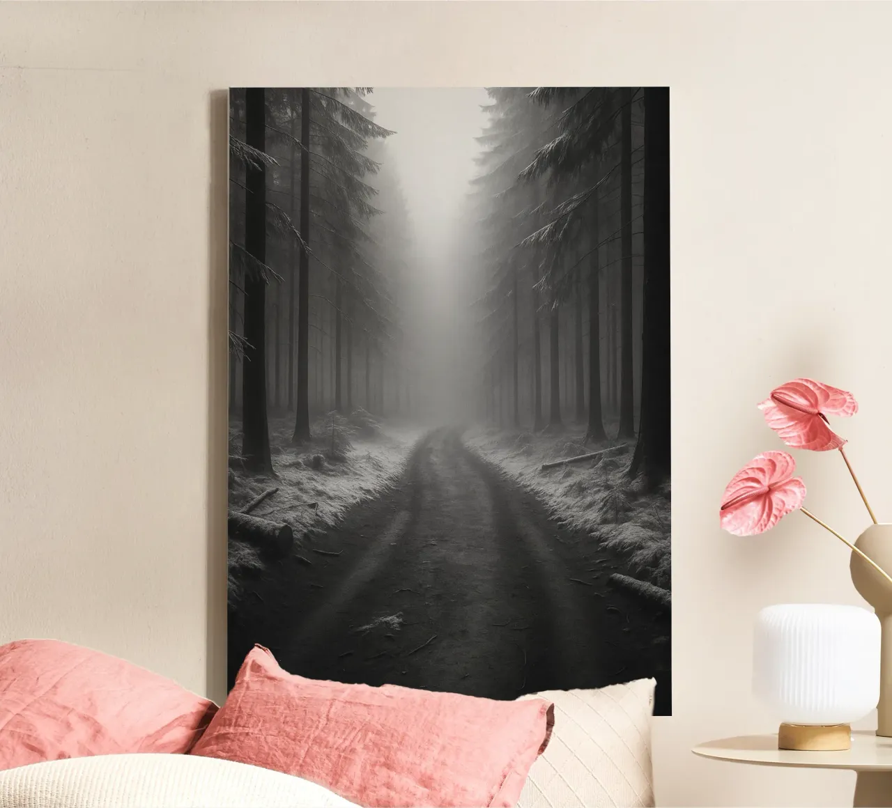 strada nella foresta fotografia in bianco e nero tela con Cornice a cassetta da roosses