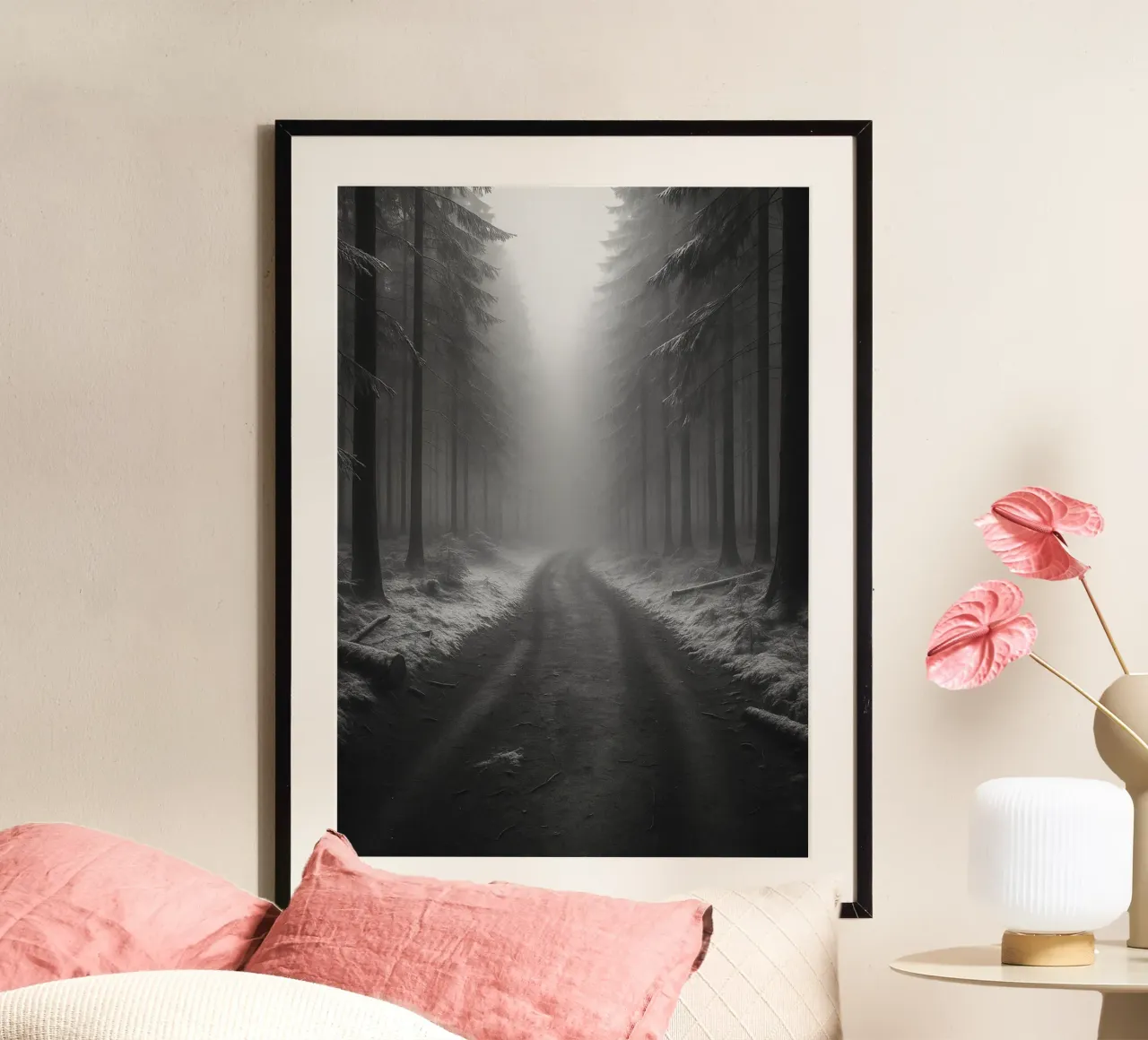 strada nella foresta fotografia in bianco e nero poster da roosses
