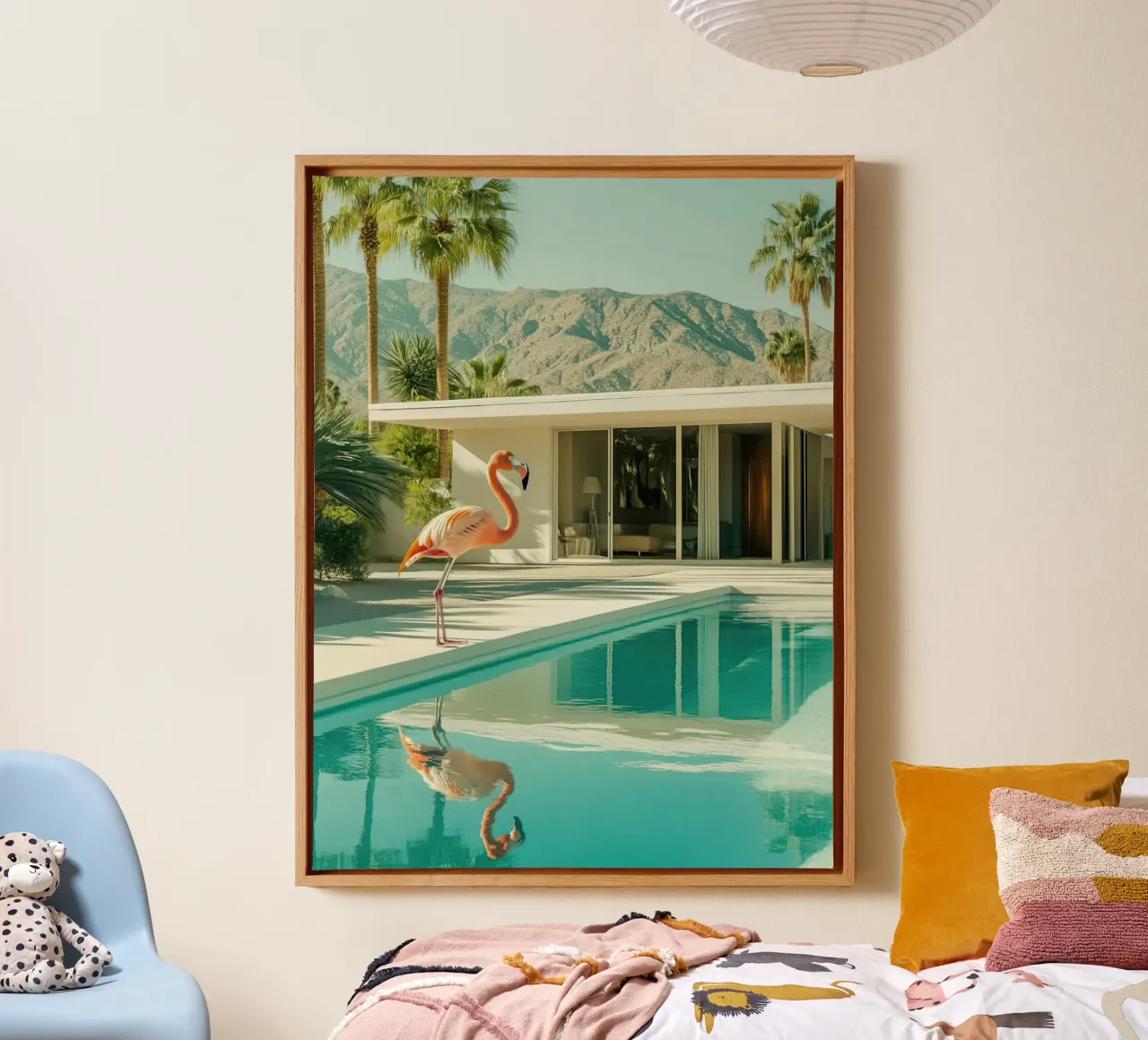 Palm Springs Flamingo Leinwand mit Schattenfugenrahmen von lennytravers