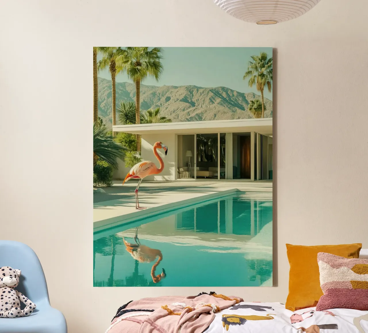Palm Springs Flamingo Leinwand mit Schattenfugenrahmen von lennytravers