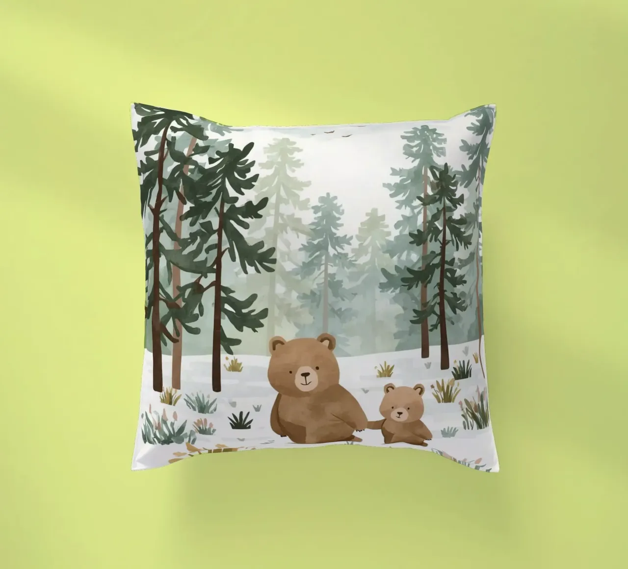 Mère et son ourson dans une forêt froide et enneigée coussin de DesignDoodle