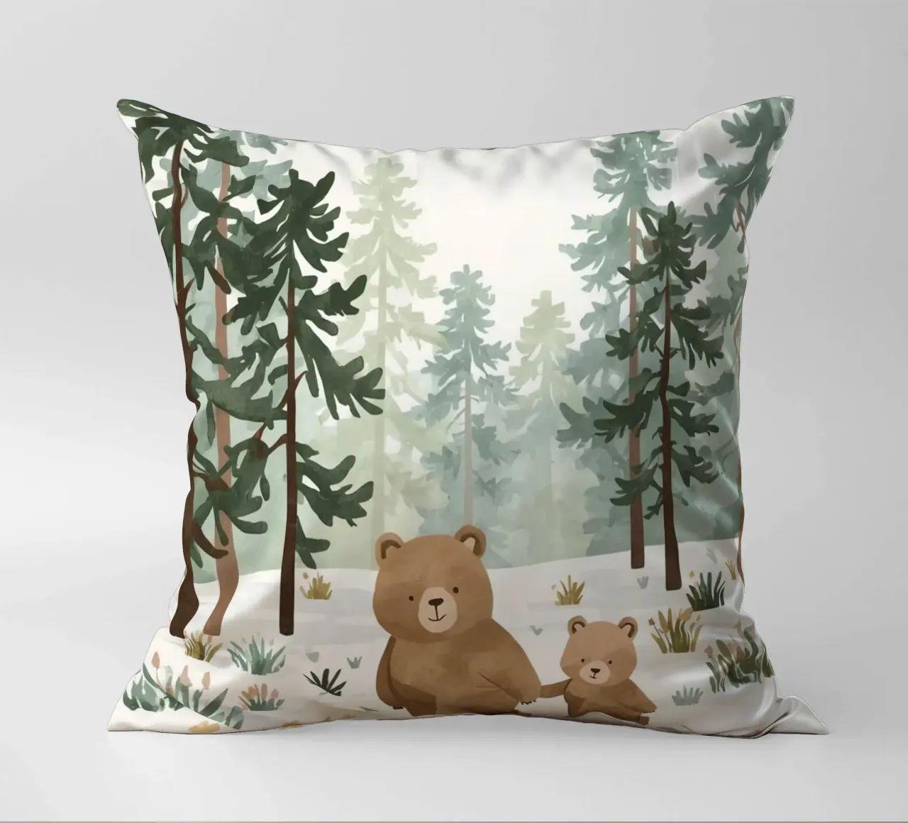 Mère et son ourson dans une forêt froide et enneigée coussin de DesignDoodle