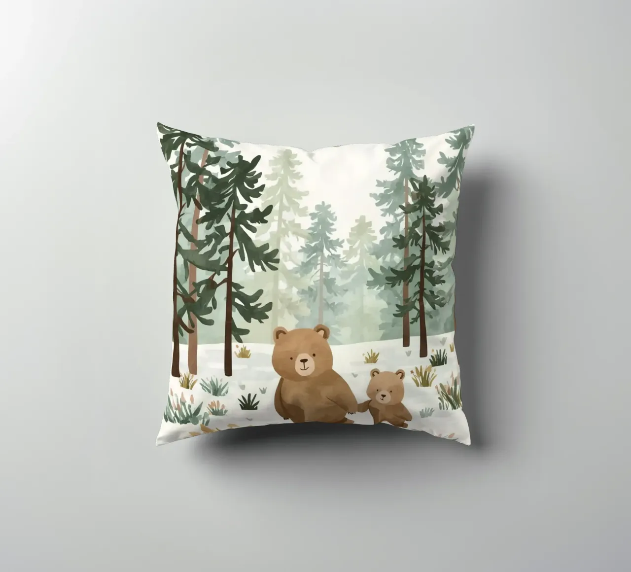 Mère et son ourson dans une forêt froide et enneigée coussin de DesignDoodle