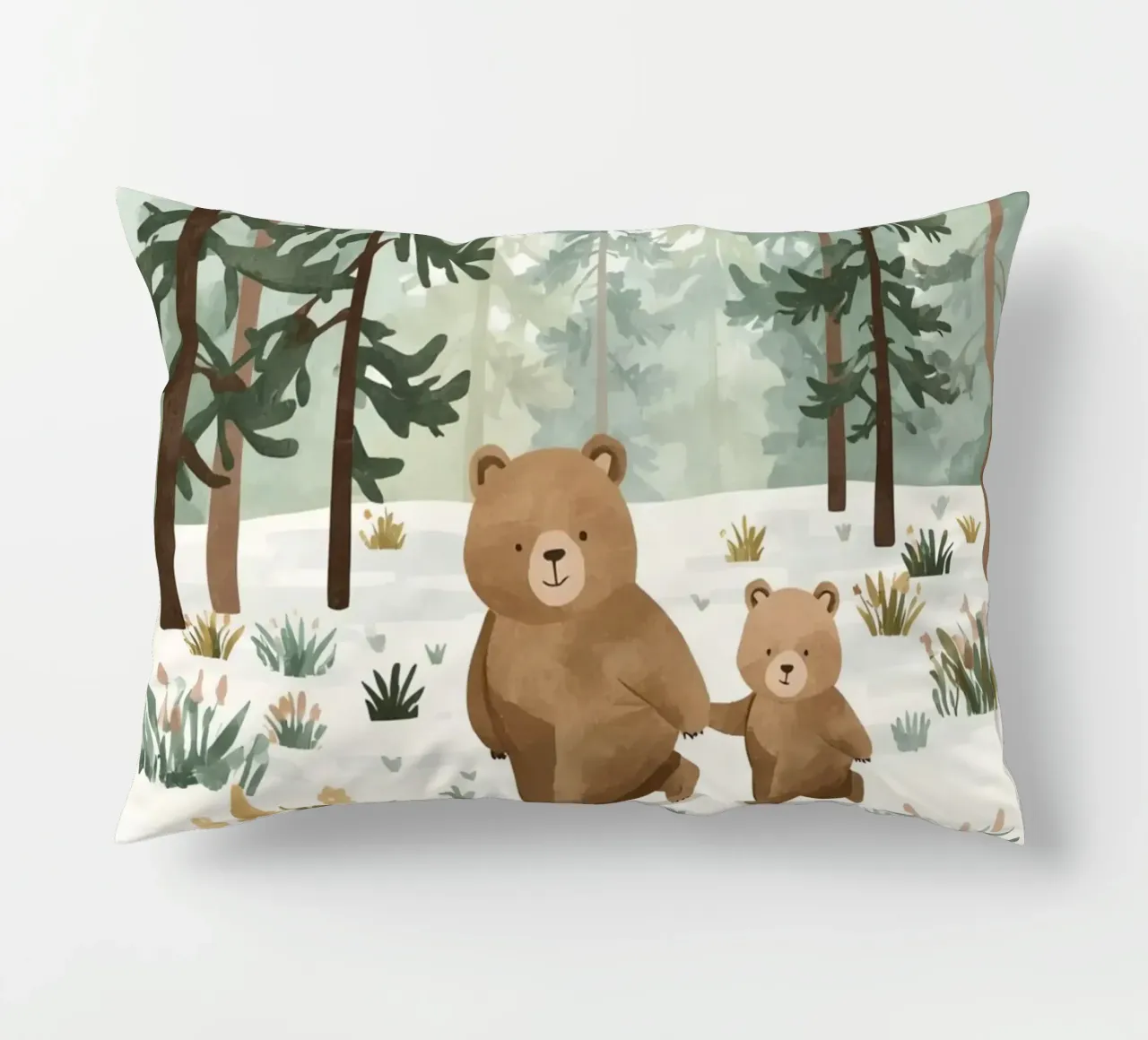 Mère et son ourson dans une forêt froide et enneigée coussin de DesignDoodle