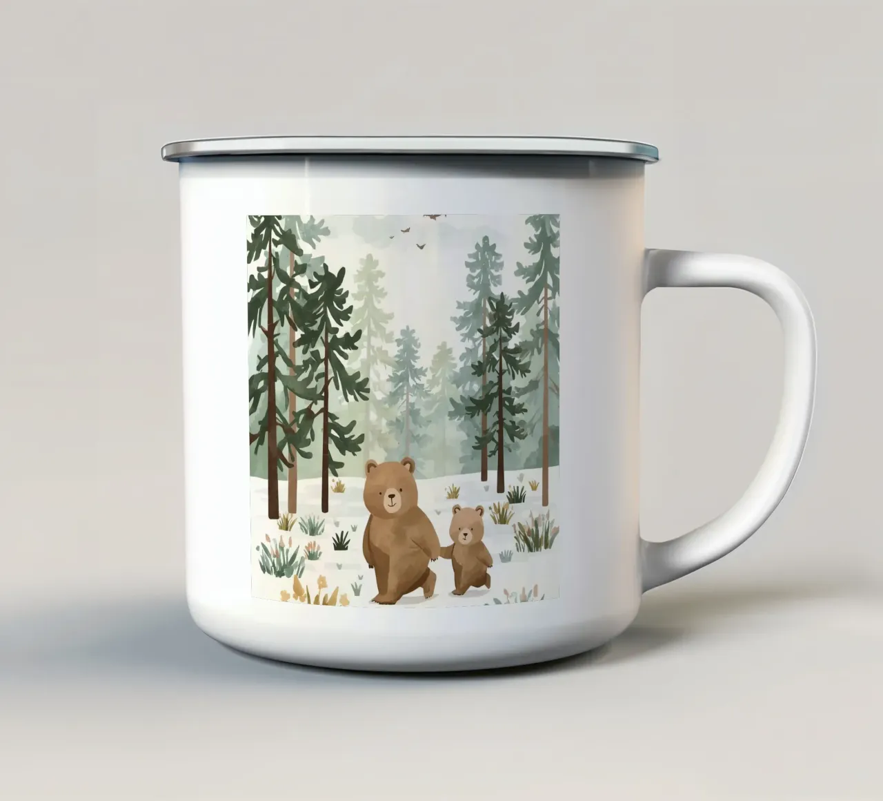 Madre e il suo cucciolo di orso nella fredda foresta innevata tazza in smalto da DesignDoodle