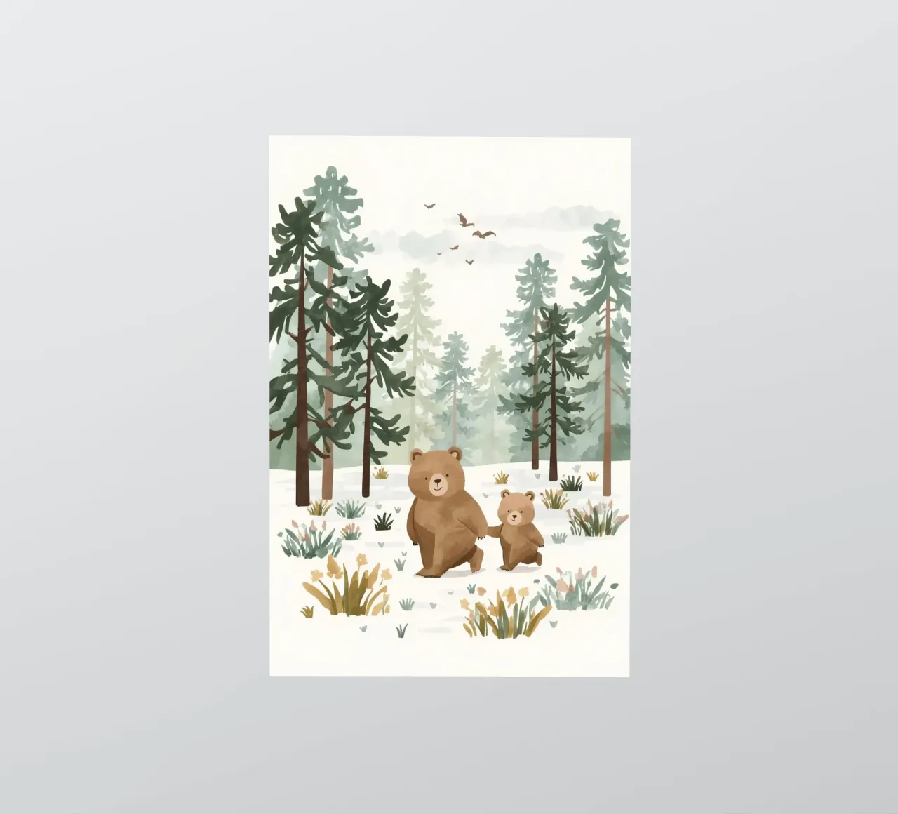 Mère et son ourson dans une forêt froide et enneigée autocollant de DesignDoodle