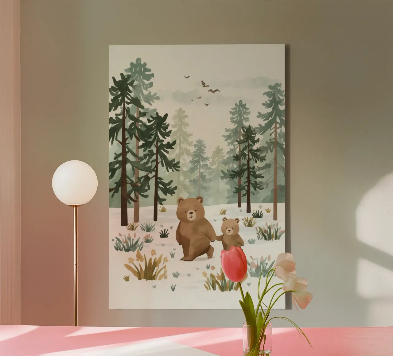 Mutter und ihr Bärenkind im kalten verschneiten Wald Leinwand mit Schattenfugenrahmen von DesignDoodle