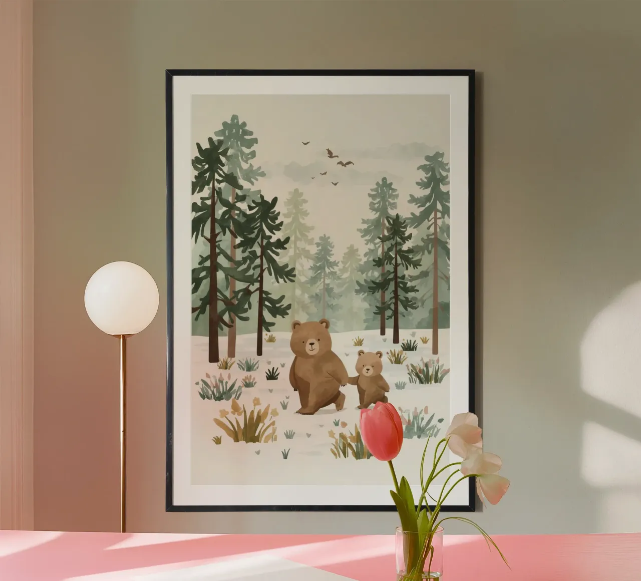 Madre e il suo cucciolo di orso nella fredda foresta innevata poster con telaio in legno da DesignDoodle