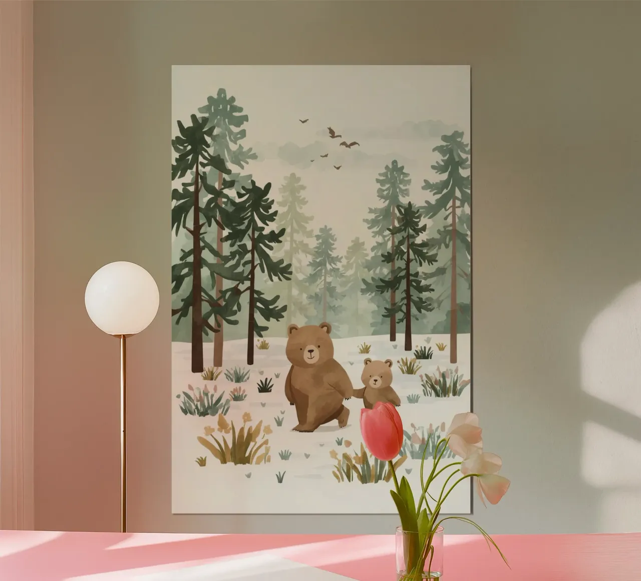 Madre e il suo cucciolo di orso nella fredda foresta innevata poster con telaio in legno da DesignDoodle