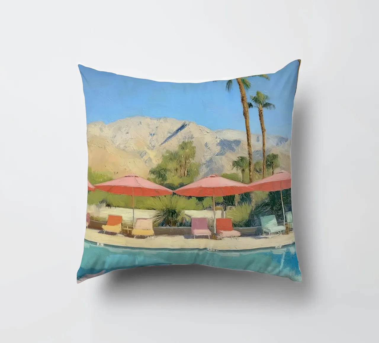 Palm Springs Pool Scene With Pastel Colored Umbrellas And Lo cuscino da Leonard Barreiro