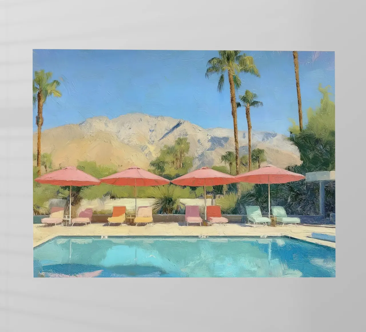 Palm Springs Pool Scene With Pastel Colored Umbrellas And Lo pellicola backlit da Leonard Barreiro