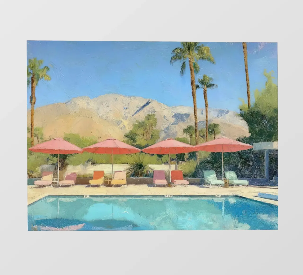Palm Springs Pool Scene With Pastel Colored Umbrellas And Lo pellicola backlit da Leonard Barreiro
