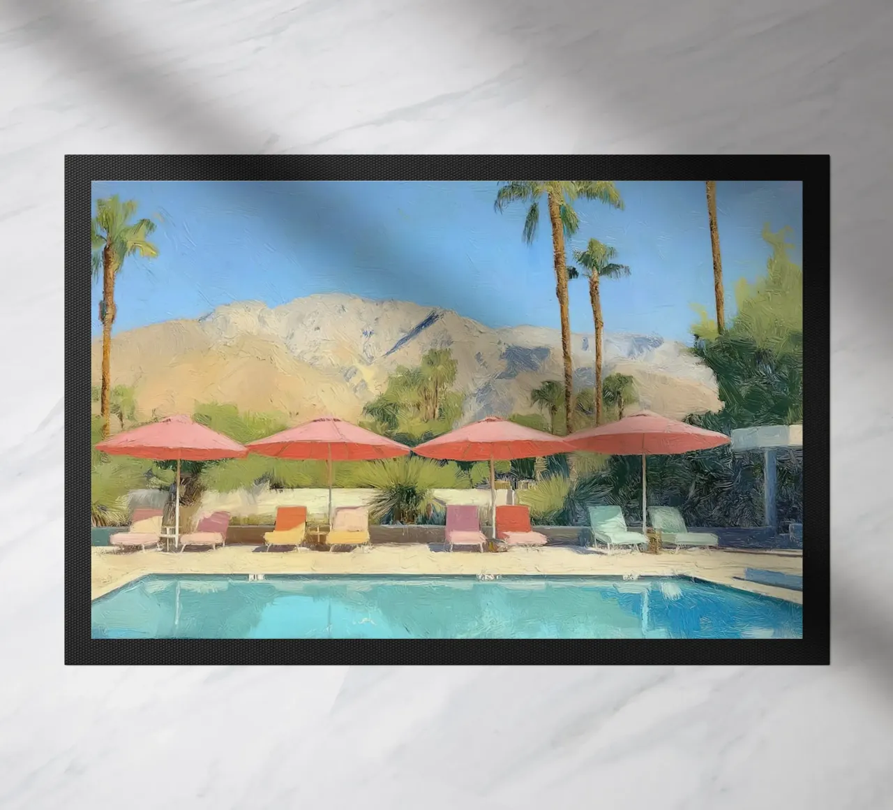 Palm Springs Pool Scene With Pastel Colored Umbrellas And Lo zerbino da Leonard Barreiro