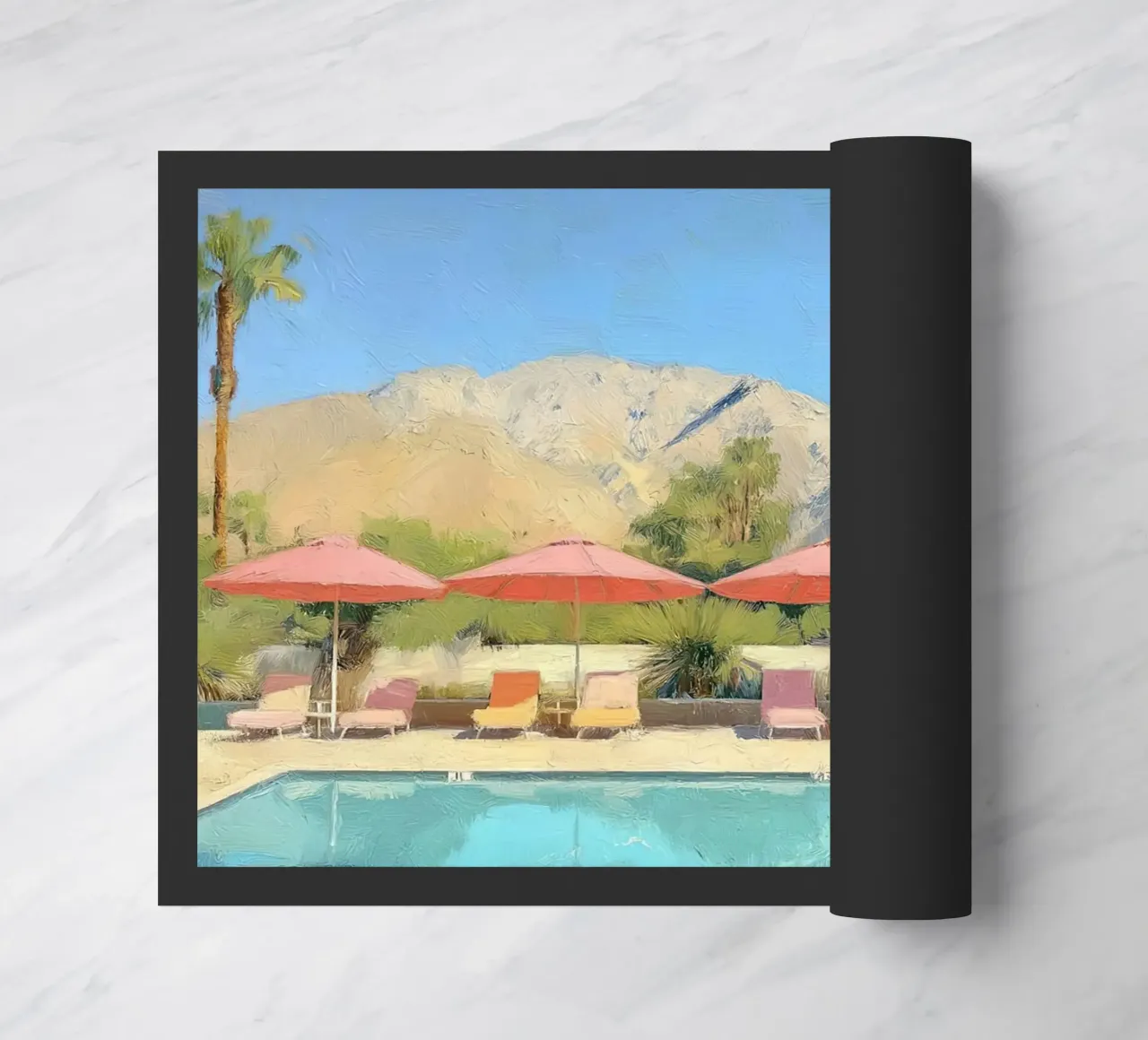 Palm Springs Pool Scene With Pastel Colored Umbrellas And Lo zerbino da Leonard Barreiro