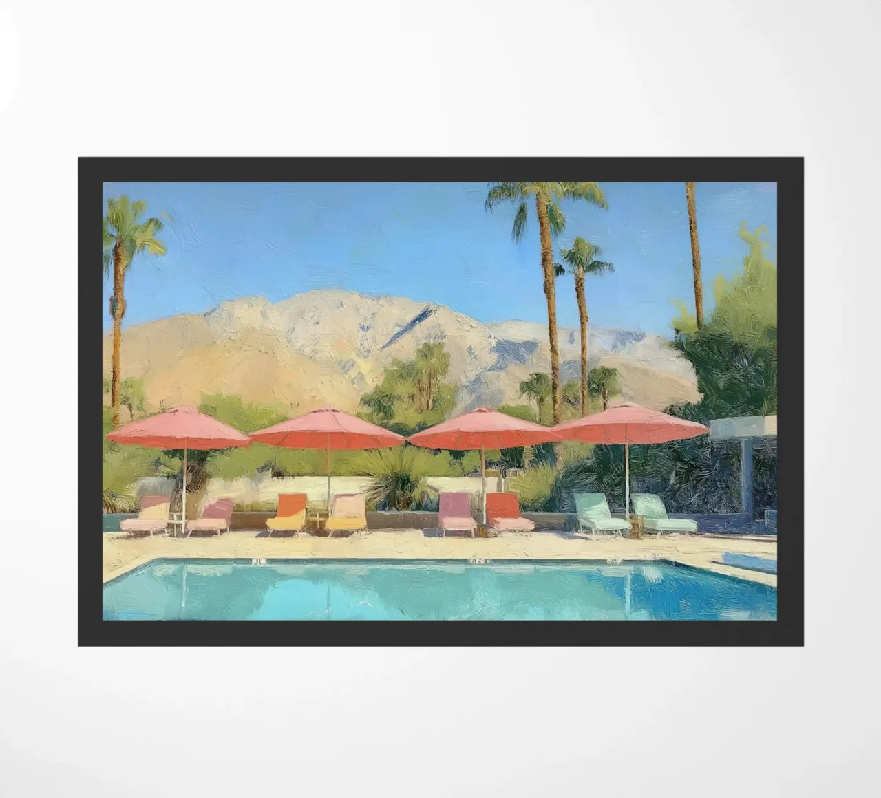 Palm Springs Pool Scene With Pastel Colored Umbrellas And Lo zerbino da Leonard Barreiro