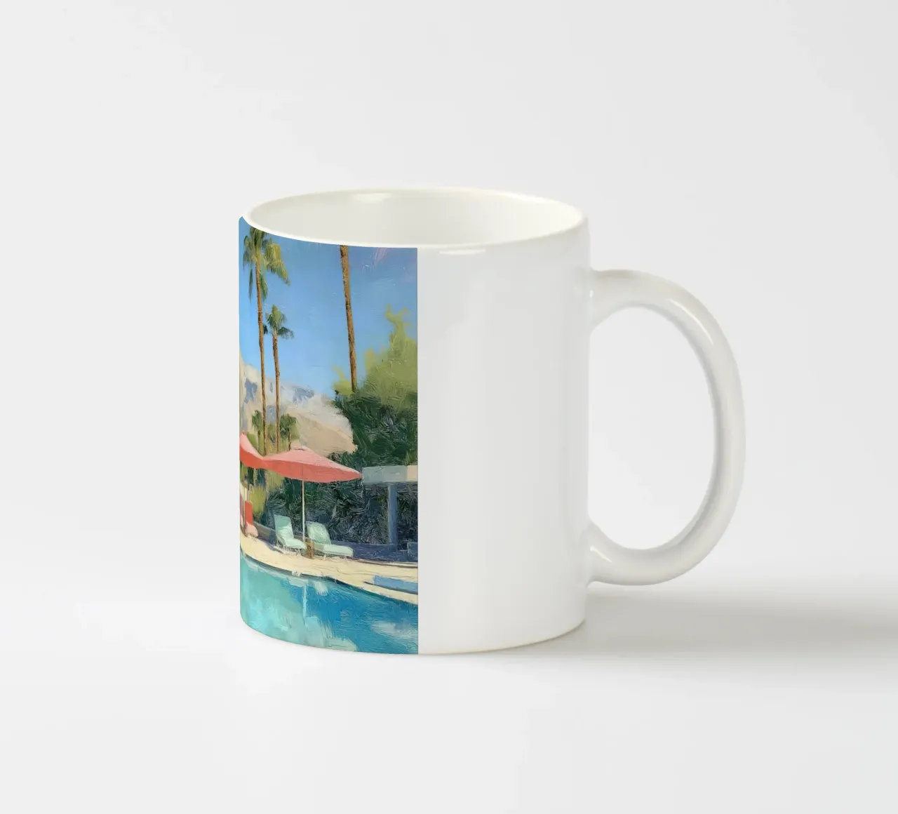 Palm Springs Pool Scene With Pastel Colored Umbrellas And Lo tazza in ceramica da Leonard Barreiro