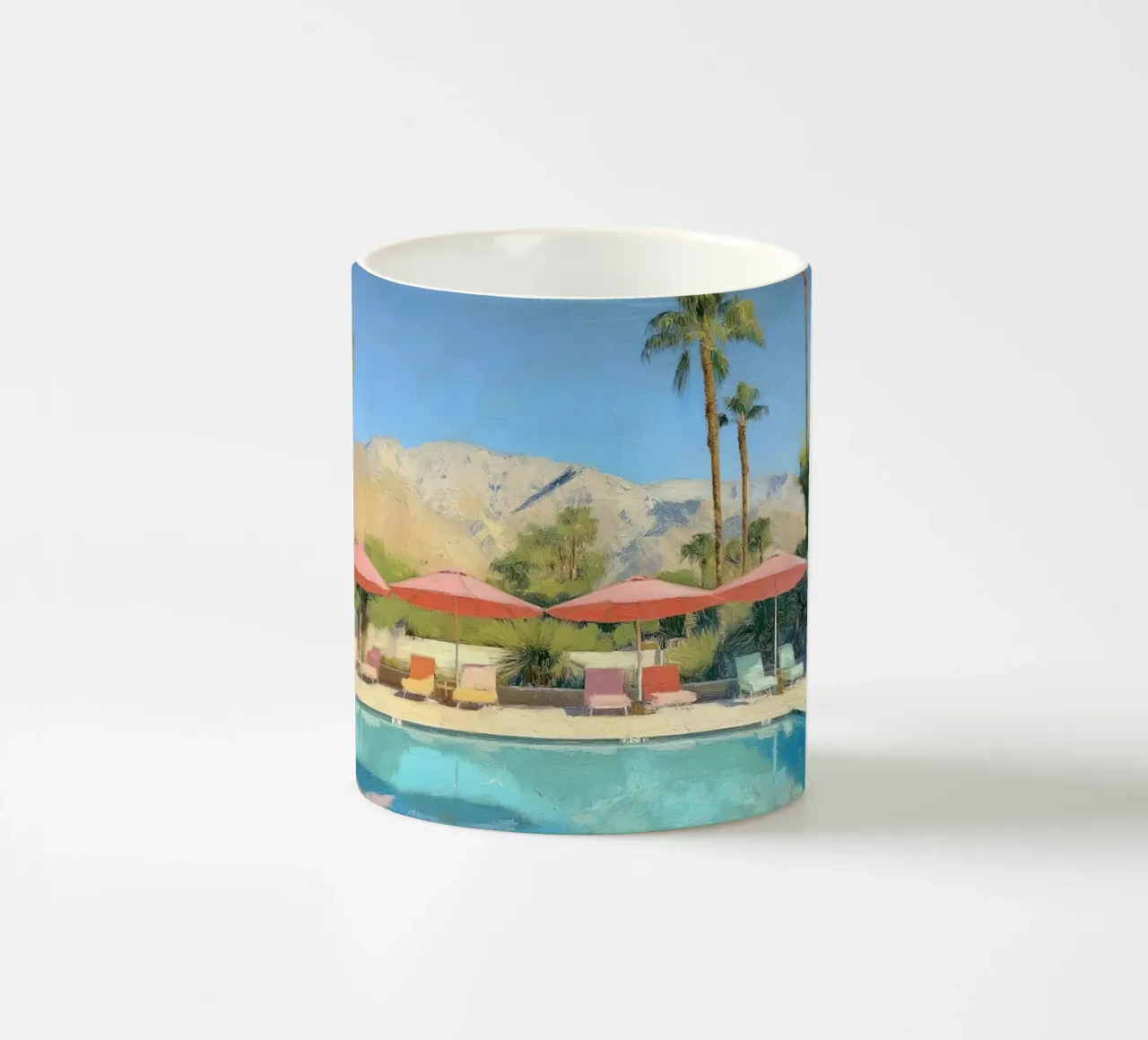 Palm Springs Pool Scene With Pastel Colored Umbrellas And Lo tazza in ceramica da Leonard Barreiro