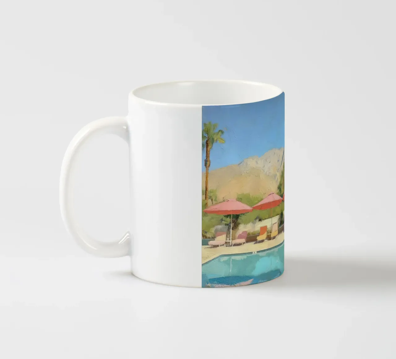 Palm Springs Pool Scene With Pastel Colored Umbrellas And Lo tazza in ceramica da Leonard Barreiro