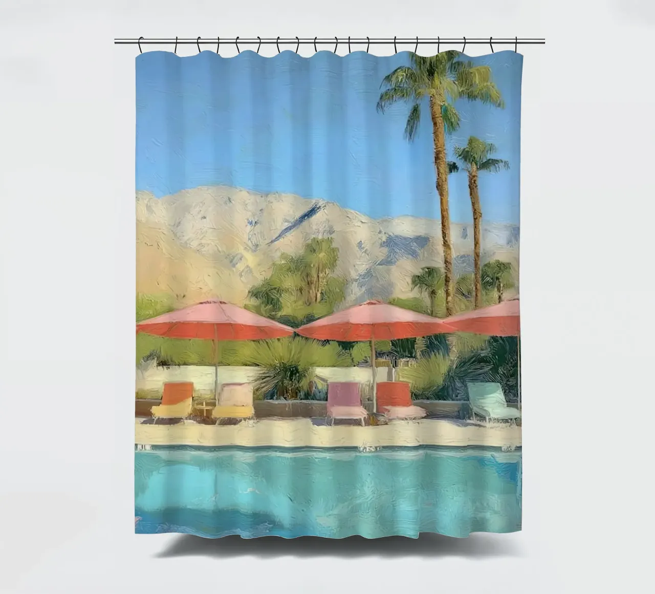 Palm Springs Pool Scene With Pastel Colored Umbrellas And Lo tenda da doccia da Leonard Barreiro
