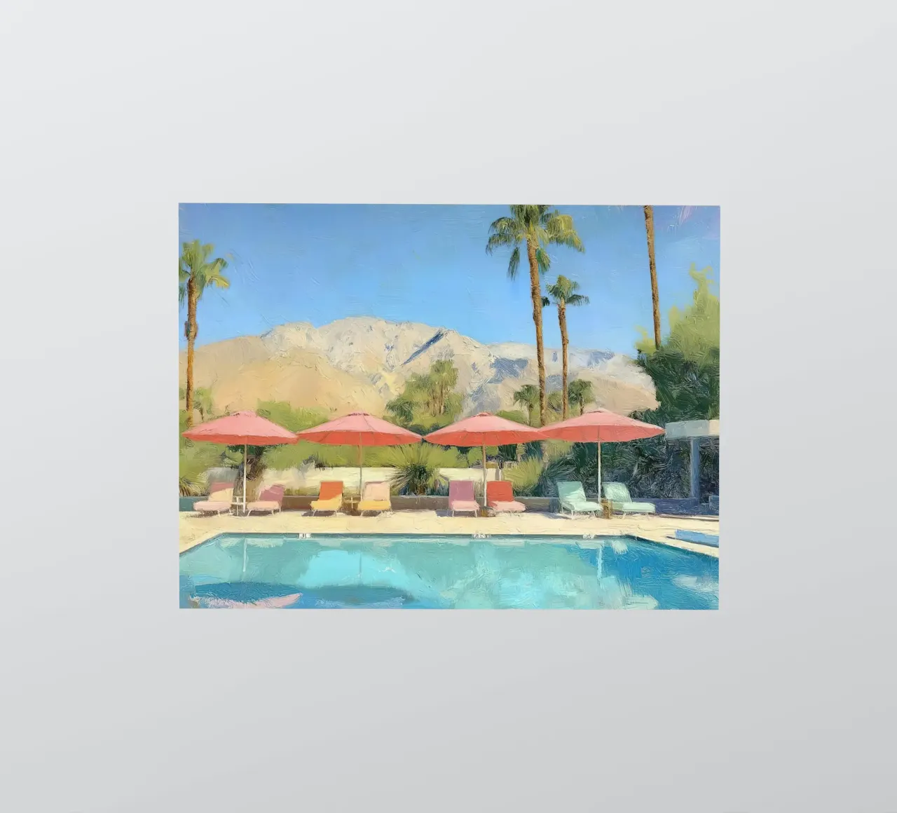 Palm Springs Pool Scene With Pastel Colored Umbrellas And Lo adesivo da Leonard Barreiro