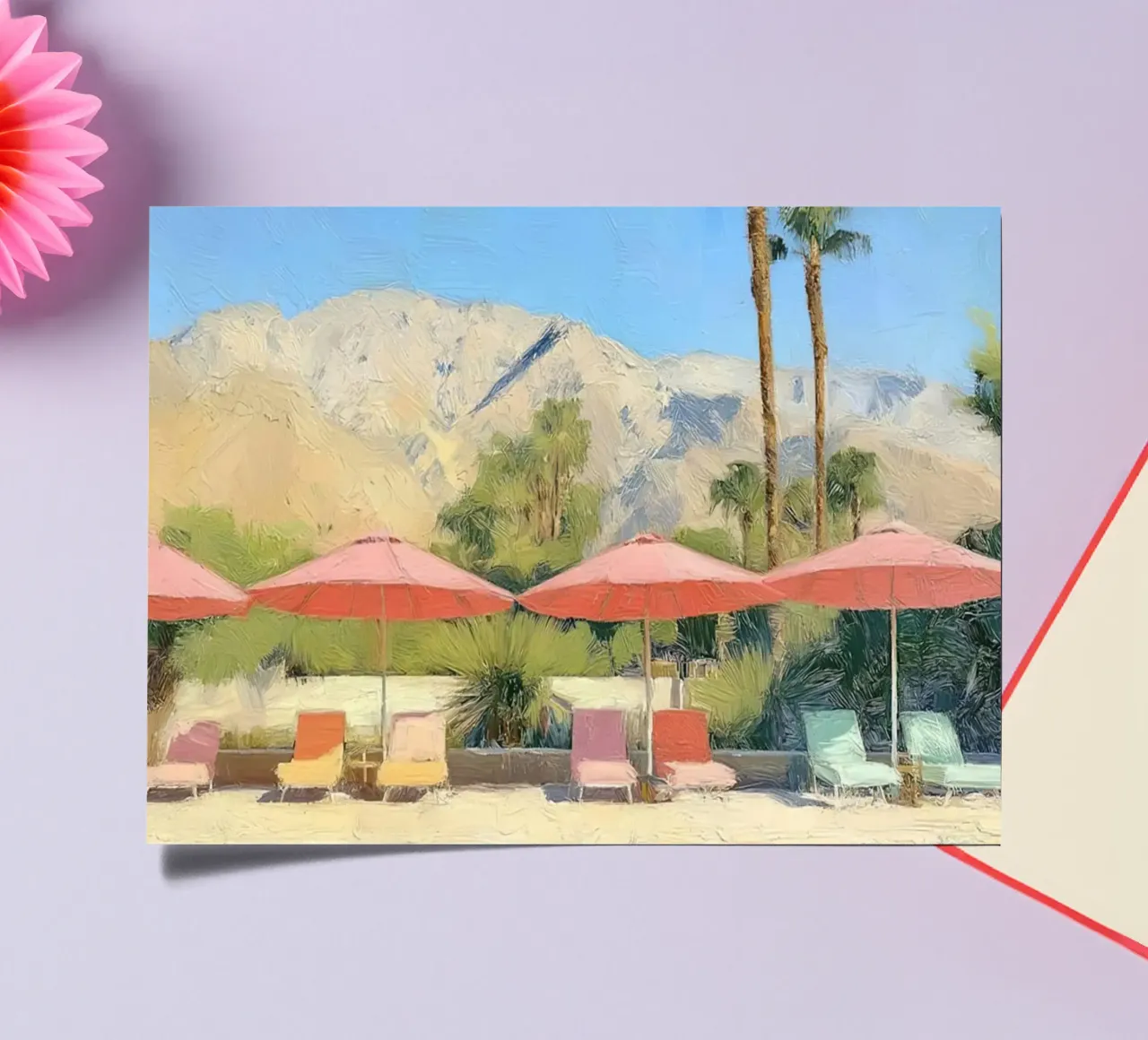 Palm Springs Pool Scene With Pastel Colored Umbrellas And Lo foglio adesivo da Leonard Barreiro