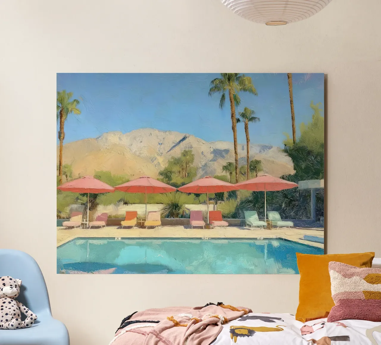 Palm Springs Pool Scene With Pastel Colored Umbrellas And Lo alluminio dibond da Leonard Barreiro