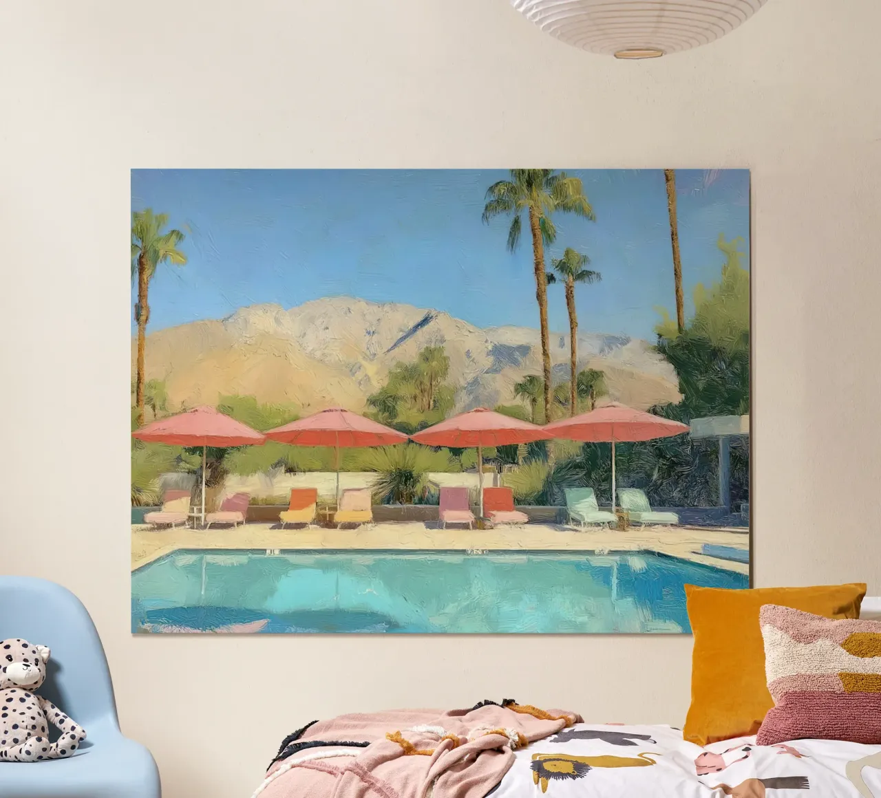 Palm Springs Pool Scene With Pastel Colored Umbrellas And Lo poster con telaio in legno da Leonard Barreiro