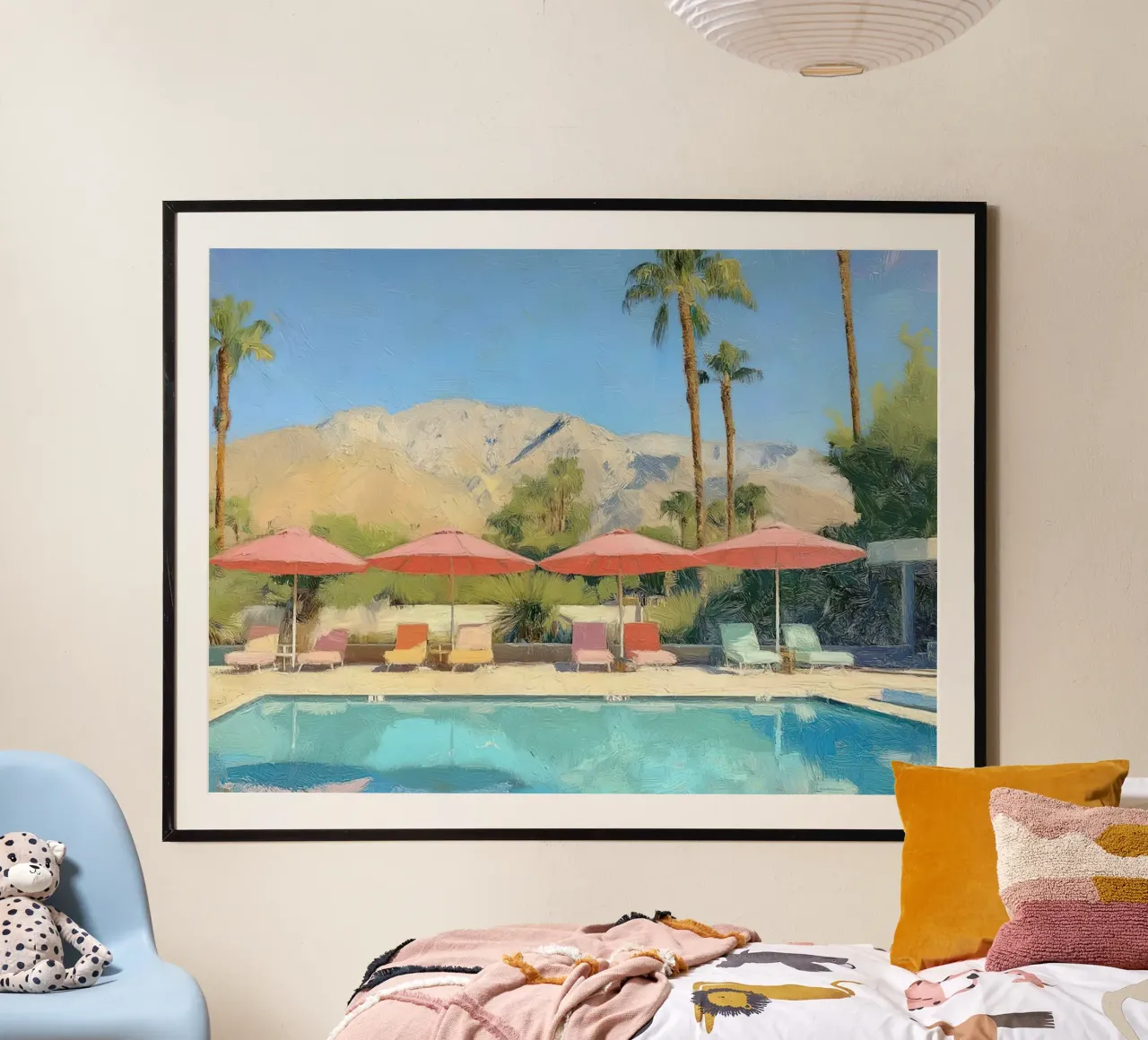 Palm Springs Pool Scene With Pastel Colored Umbrellas And Lo poster con telaio in legno da Leonard Barreiro