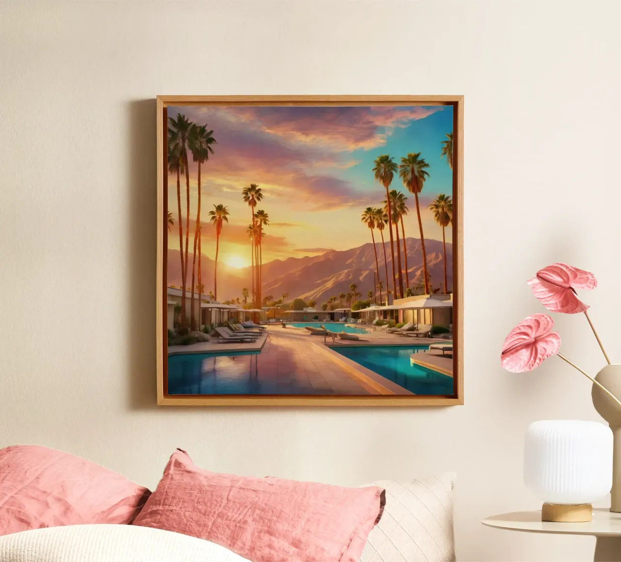 Palm Springs Resort At Sunset canvas with Floater frame by Leonard Barreiro