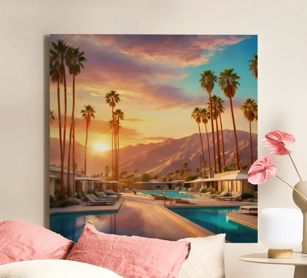 Palm Springs Resort At Sunset canvas with Floater frame by Leonard Barreiro