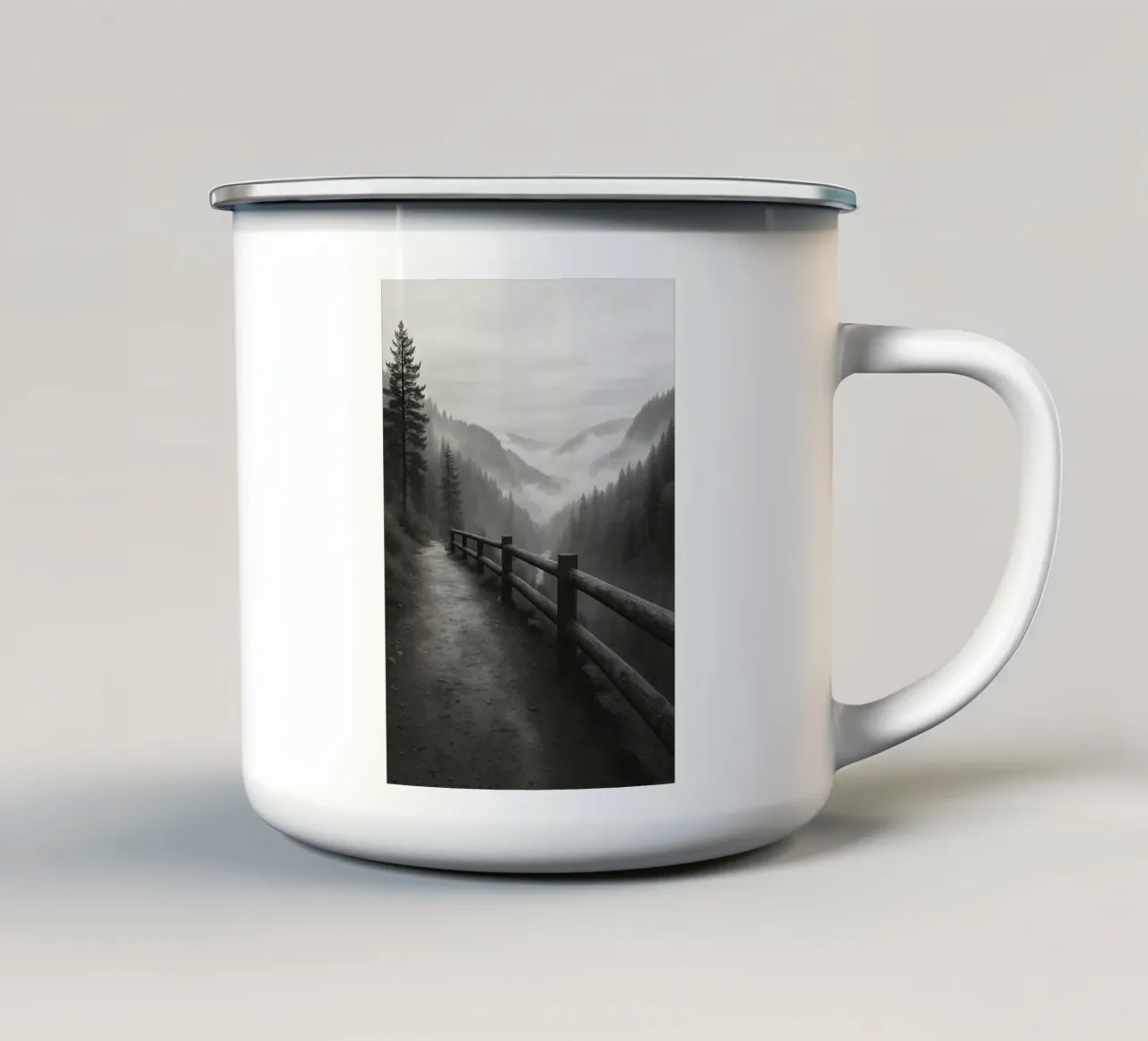 route au bord d'une falaise dans la forêt noir et blanc ph mug en émail de roosses
