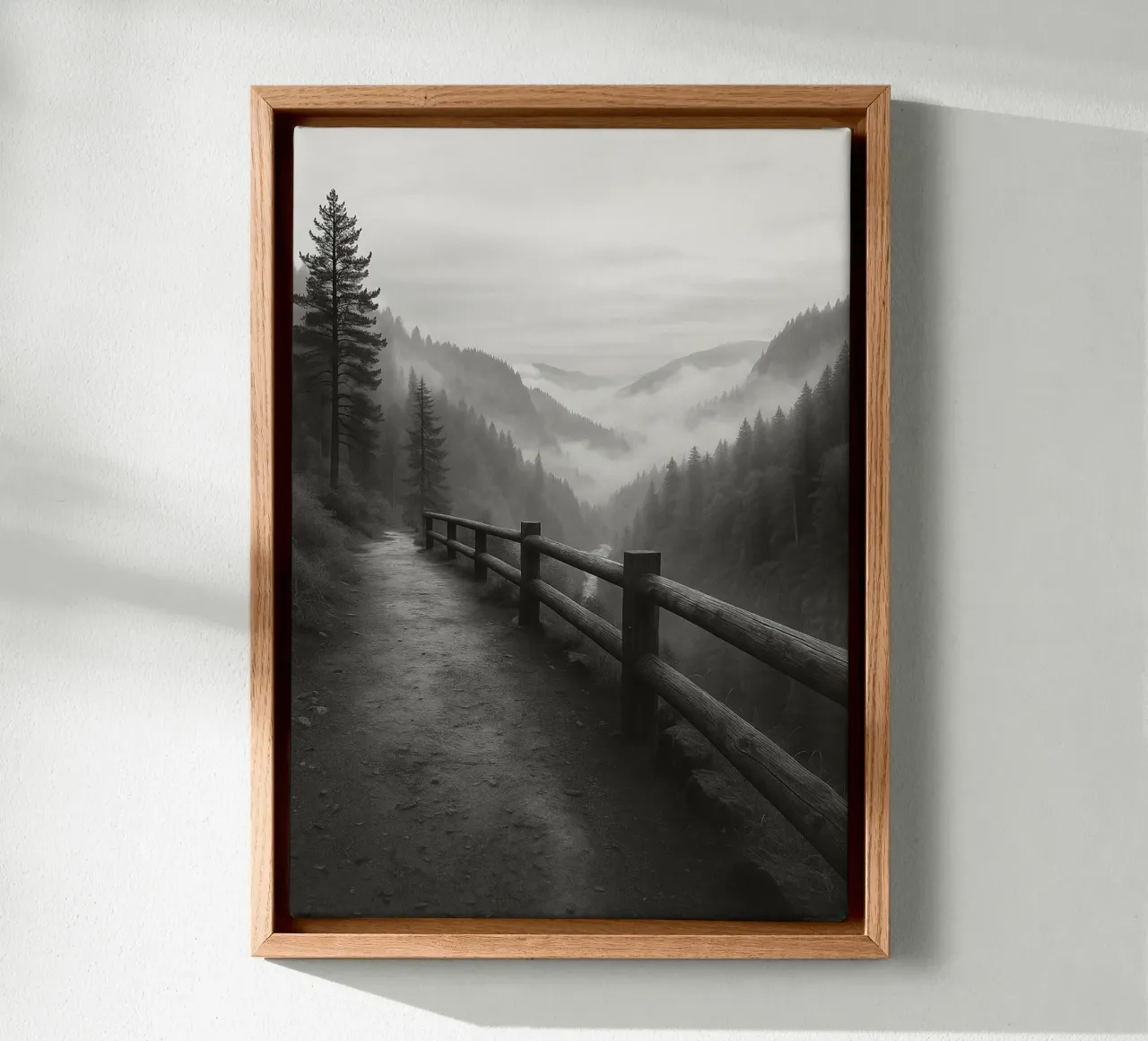 route au bord d'une falaise dans la forêt noir et blanc ph toile avec Caisse américaine de roosses