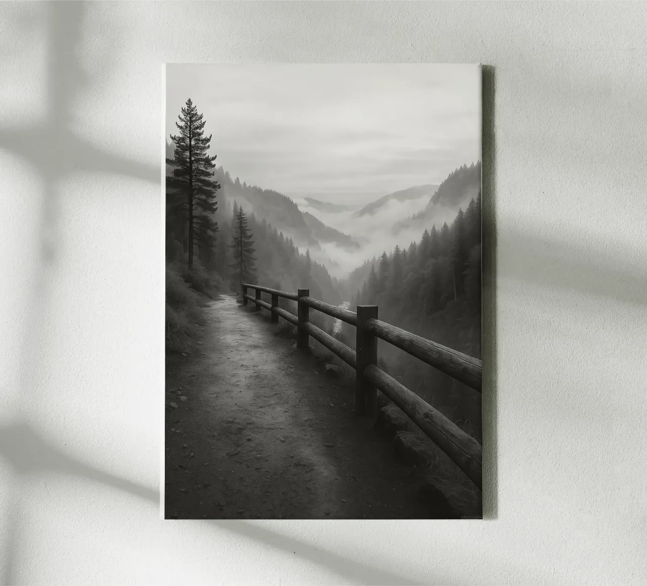 route au bord d'une falaise dans la forêt noir et blanc ph toile avec Caisse américaine de roosses