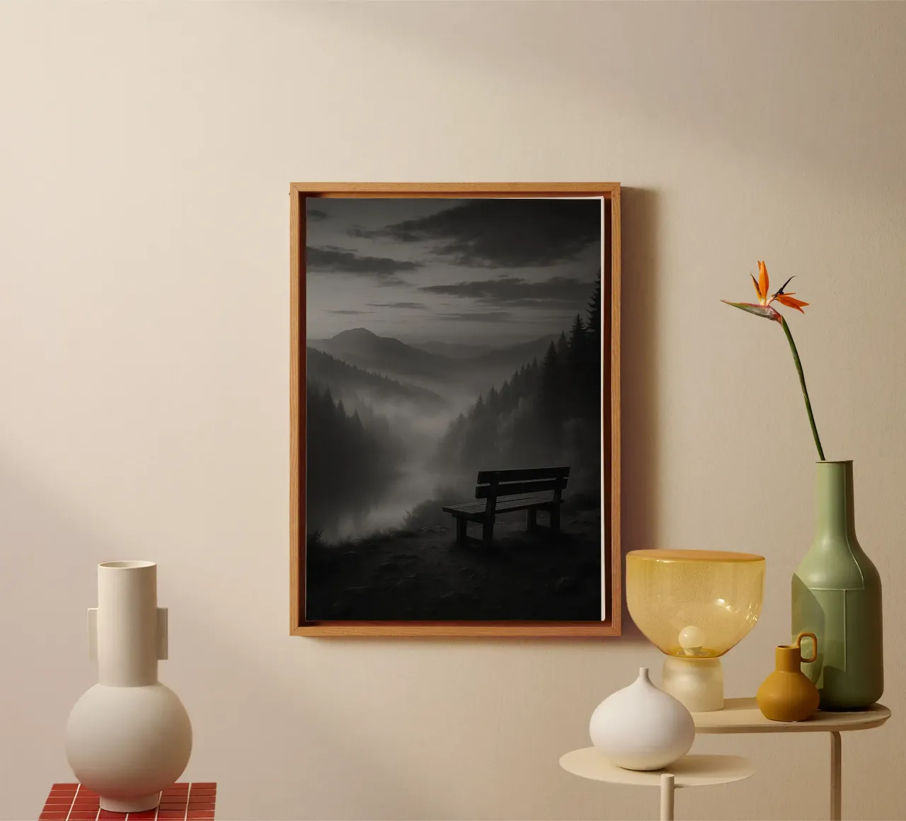 sedia di legno con vista sulla valle di montagna in bianco e nero tela con Cornice a cassetta da roosses