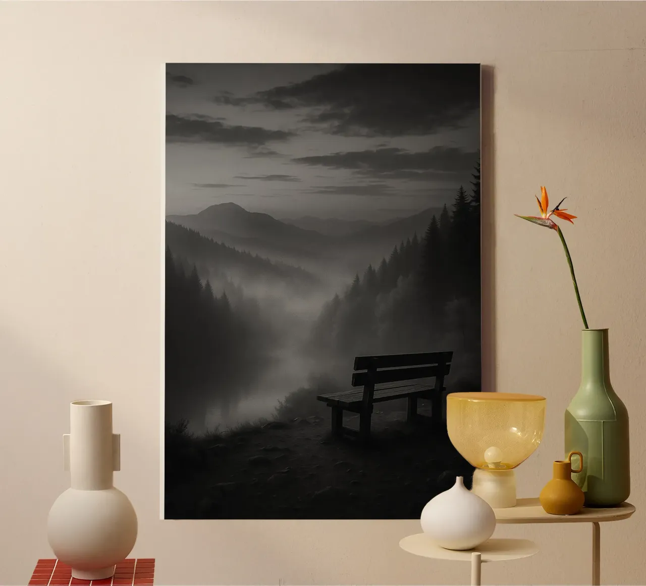 sedia di legno con vista sulla valle di montagna in bianco e nero tela con Cornice a cassetta da roosses