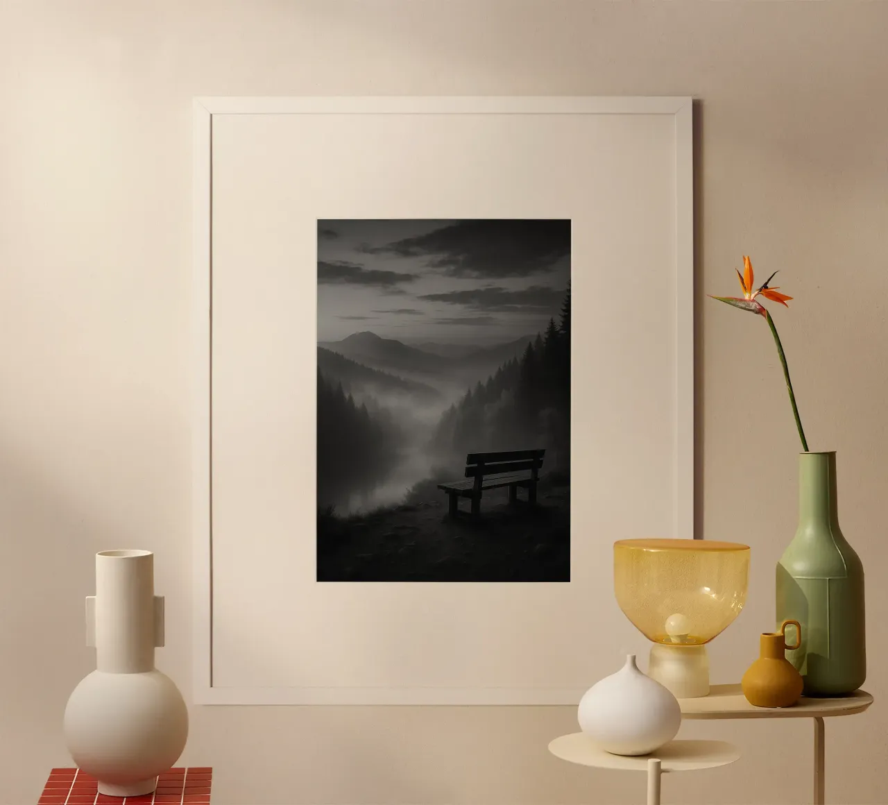 sedia di legno con vista sulla valle di montagna in bianco e nero poster da roosses