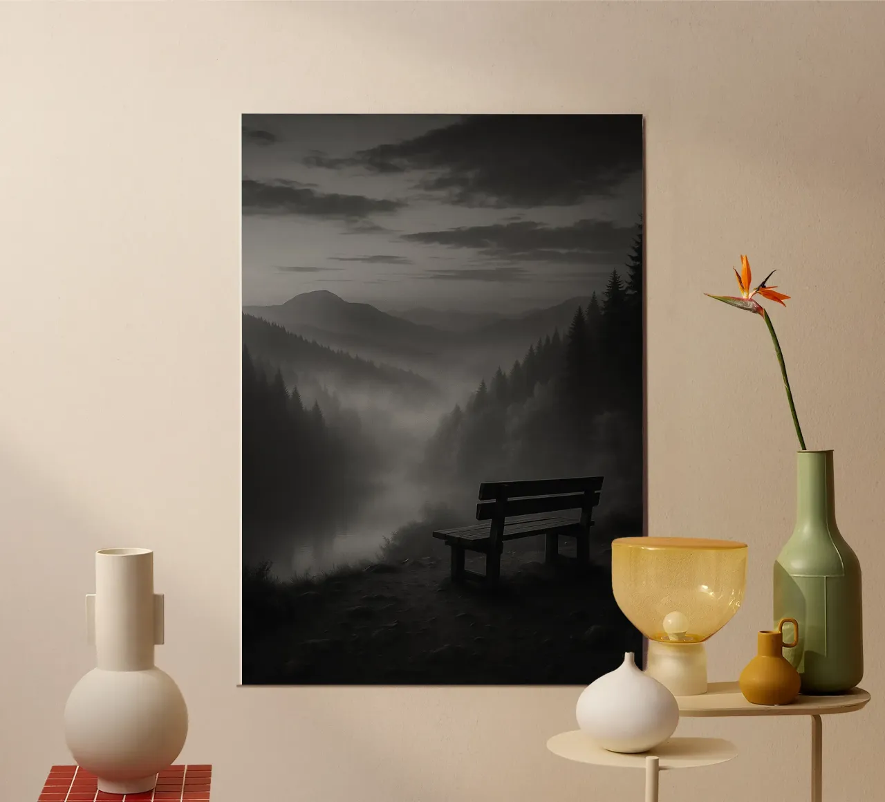 sedia di legno con vista sulla valle di montagna in bianco e nero poster da roosses