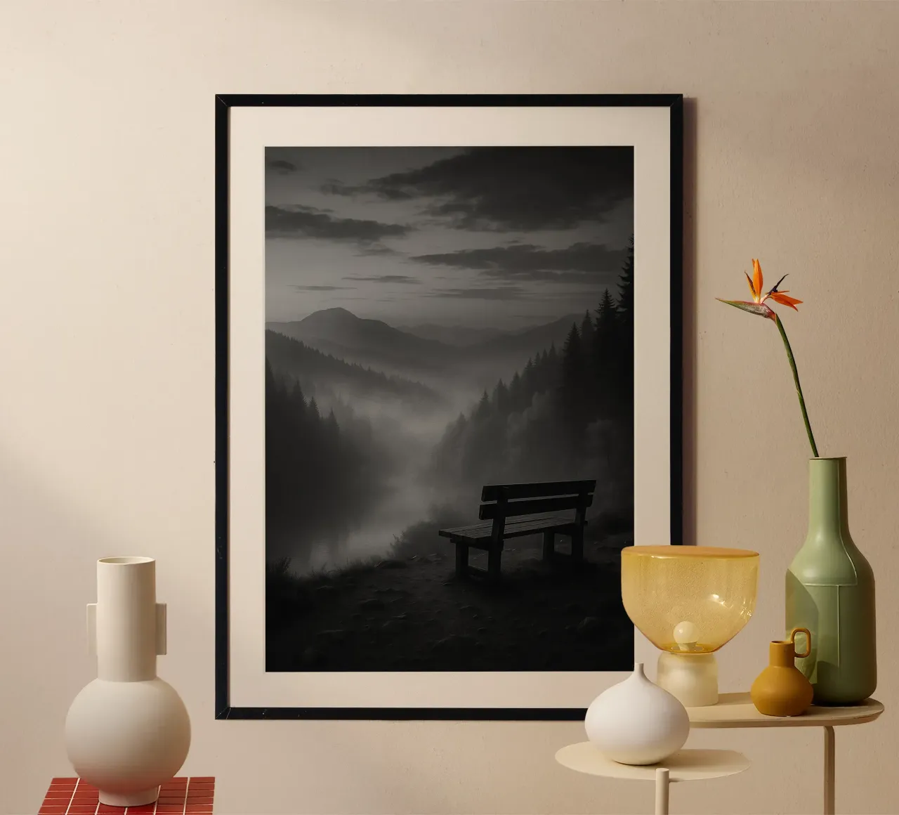 sedia di legno con vista sulla valle di montagna in bianco e nero poster da roosses