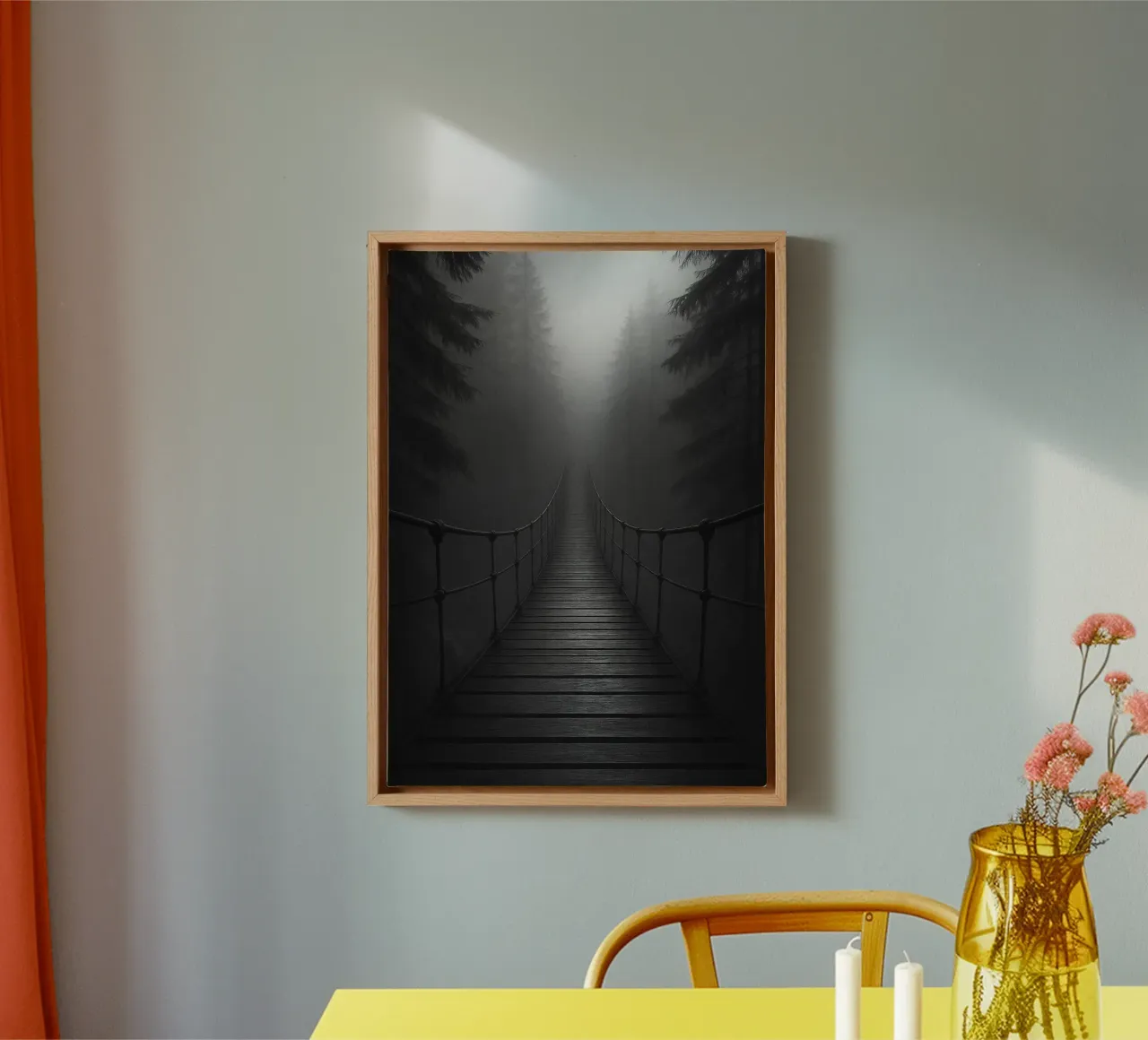 pont en bois dans la forêt photographie noir et blanc toile avec Caisse américaine de roosses