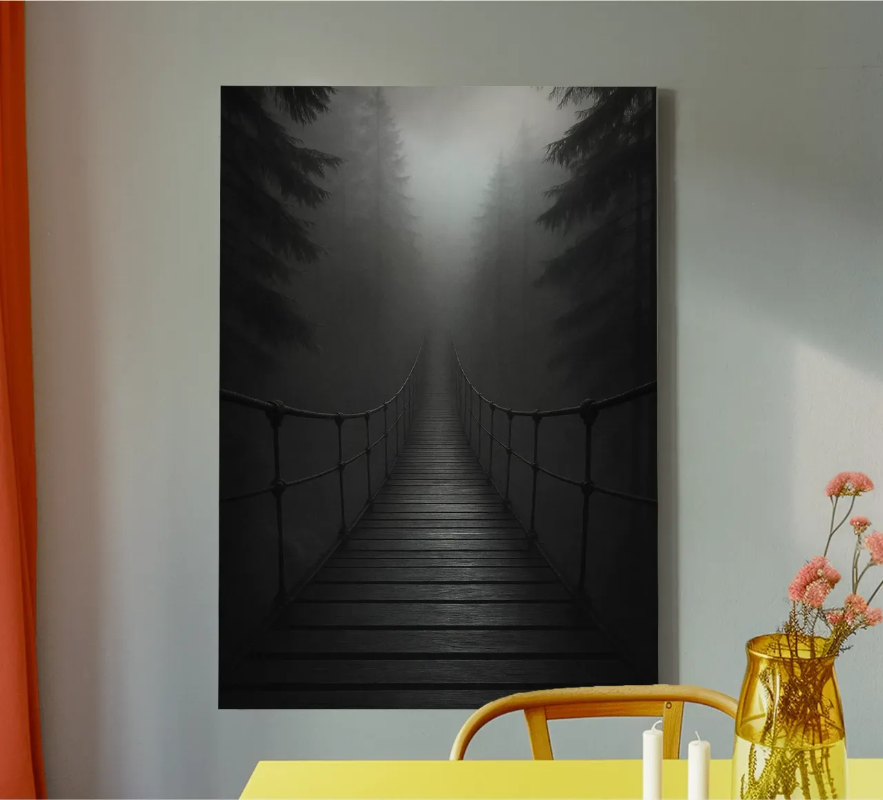 pont en bois dans la forêt photographie noir et blanc toile avec Caisse américaine de roosses