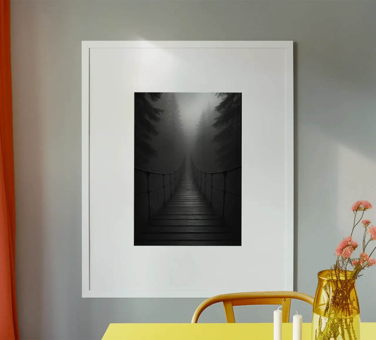 ponte di legno nella foresta fotografia in bianco e nero poster da roosses